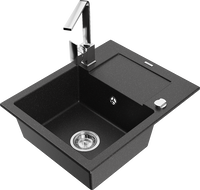 Mexen Enzo granite sink 1-bowl with drainer and Rita kitchen tap, black/silver metallic - 6506-73-670300-00