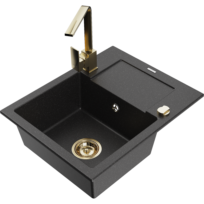 Mexen Enzo fregadero de granito de 1 seno con escurridor y grifo de cocina Rita, negro/plateado metálico - 6506-73-670300-50