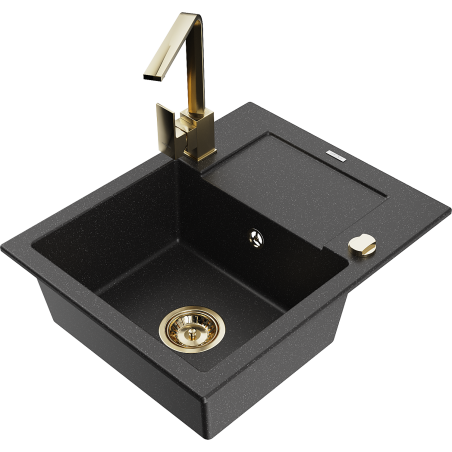 Mexen Enzo single-bowl granite sink with drainer and kitchen mixer tap Rita, black/silver metallic - 6506-73-670300-50