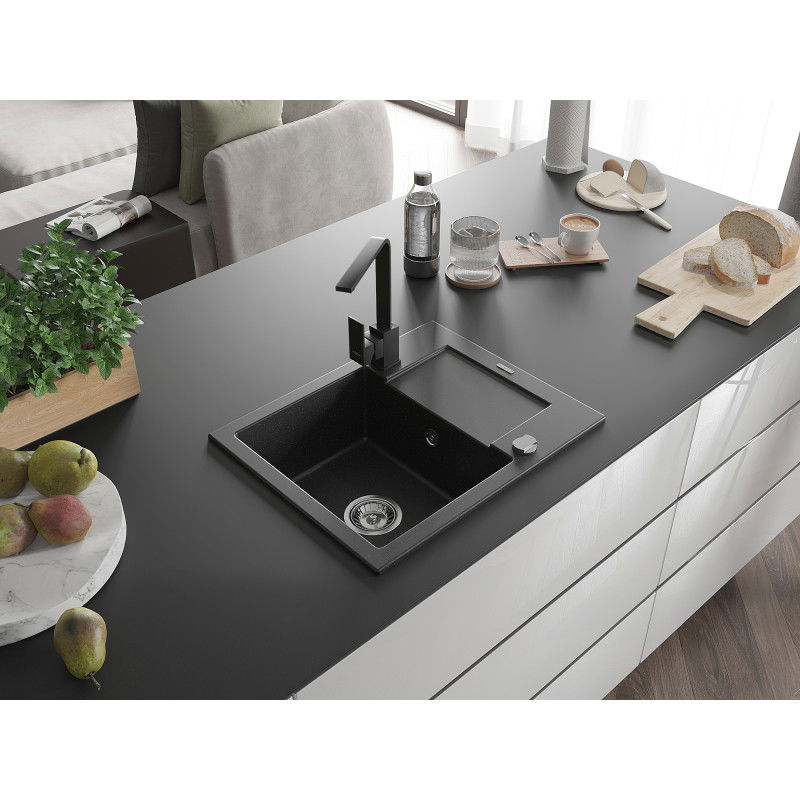 Mexen Enzo Granitspüle 1-becken mit Abtropffläche und Küchenarmatur Rita, schwarz/silber metallic - 6506-73-670300-70