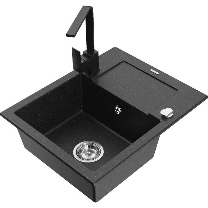Mexen Enzo fregadero de granito de 1 seno con escurridor y grifo de cocina Rita, negro/metálico plateado - 6506-73-670300-70