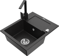 Mexen Enzo granit kitchen sink with 1 bowl, drainer and kitchen faucet Rita, black/silver metallic - 6506-73-670300-70