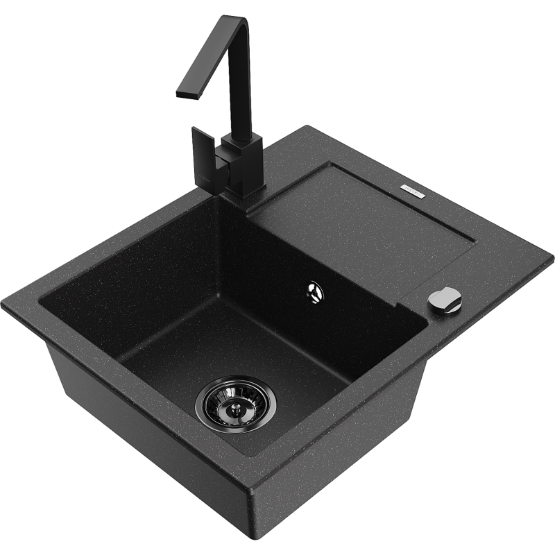 Mexen Enzo 1-bowl Granite Sink with Drainer and Rita Kitchen Tap, Black/Silver Metallic - 6506-73-670300-70-B