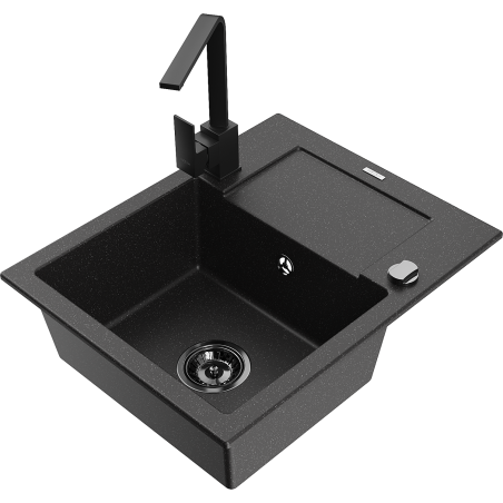Mexen Enzo 1-bowl Granite Sink with Drainer and Rita Kitchen Tap, Black/Silver Metallic - 6506-73-670300-70-B