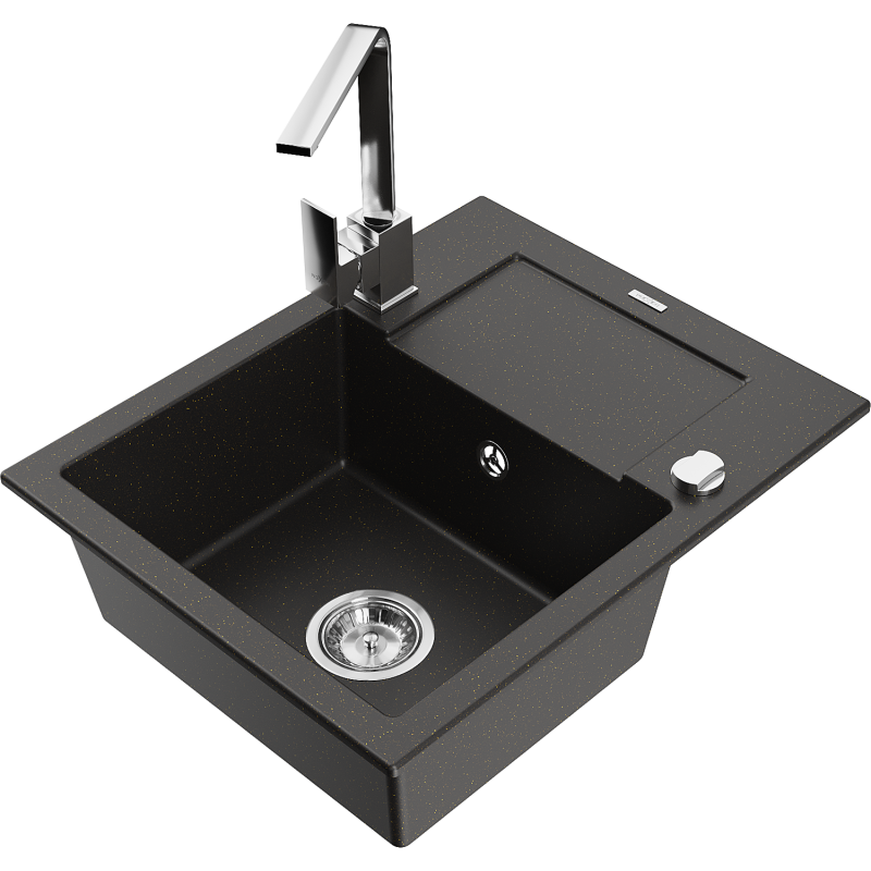 Mexen Enzo lava-louça de granito de 1 bacia com escorredor e torneira de cozinha Rita, preto/dourado metálico