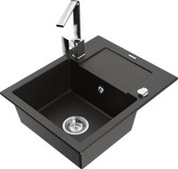 Mexen Enzo granite sink with 1 bowl, drainer, and Rita kitchen faucet, black/gold metallic - 6506-75-670300-00