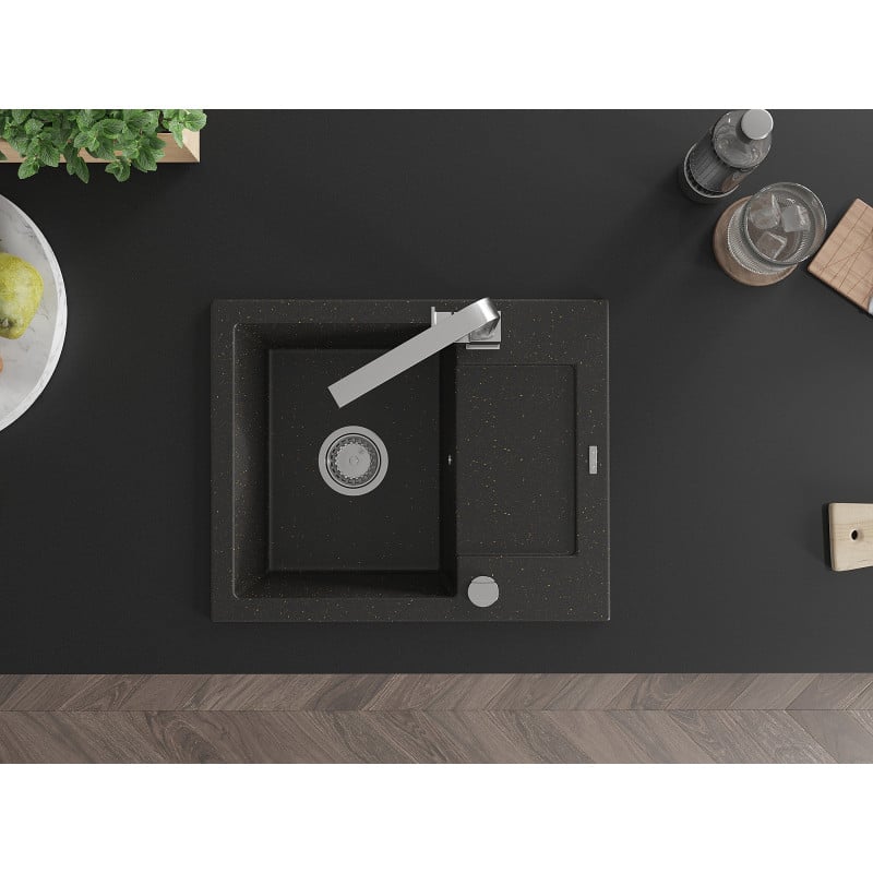 Mexen Enzo granitdiskho, 1-facklig med avrinning och köksblandare Rita, svart/guld metallic - 6506-75-670300-00