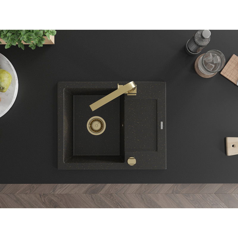 Mexen Enzo granieten spoelbak met 1 kom, afdruiprek en keukenkraan Rita, zwart/gouden metallic - 6506-75-670300-50