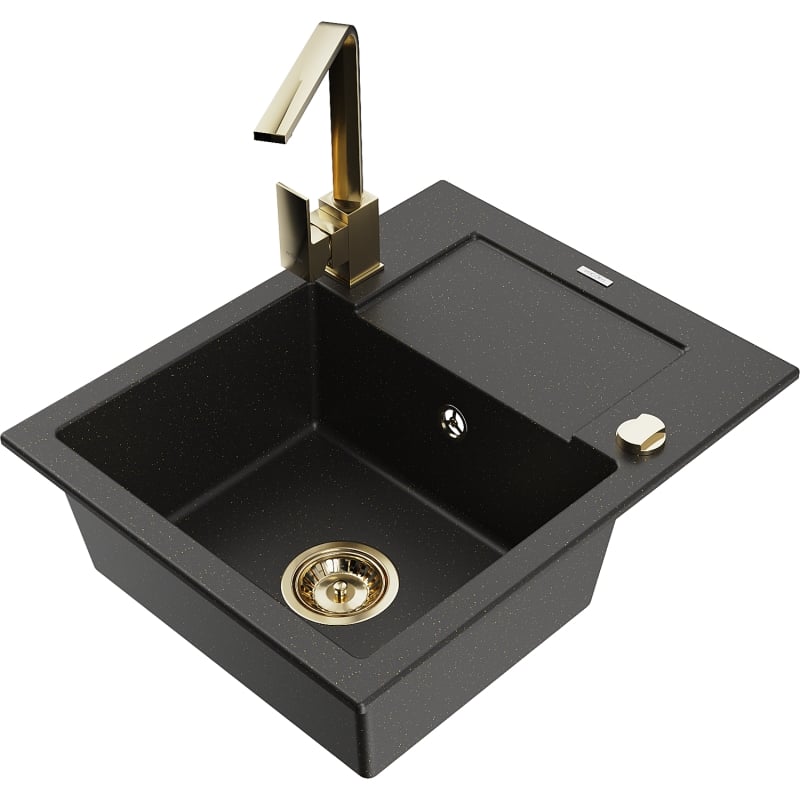 Mexen Enzo granite kitchen sink 1-bowl with drainer and kitchen faucet Rita, black/gold metallic - 6506-75-670300-50