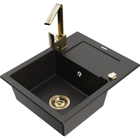 Mexen Enzo granite kitchen sink 1-bowl with drainer and kitchen faucet Rita, black/gold metallic - 6506-75-670300-50