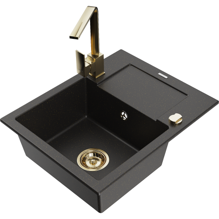 Mexen Enzo granitspüle mit 1 Becken, Abtropffläche und Küchenarmatur Rita, schwarz/goldmetallic - 6506-75-670300-50