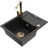Mexen Enzo granite kitchen sink 1-bowl with drainer and kitchen faucet Rita, black/gold metallic - 6506-75-670300-50