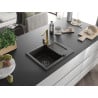 Mexen Enzo granite kitchen sink single-bowl with drainer and Rita kitchen faucet, black/gold metallic - 6506-75-670300-50-B
