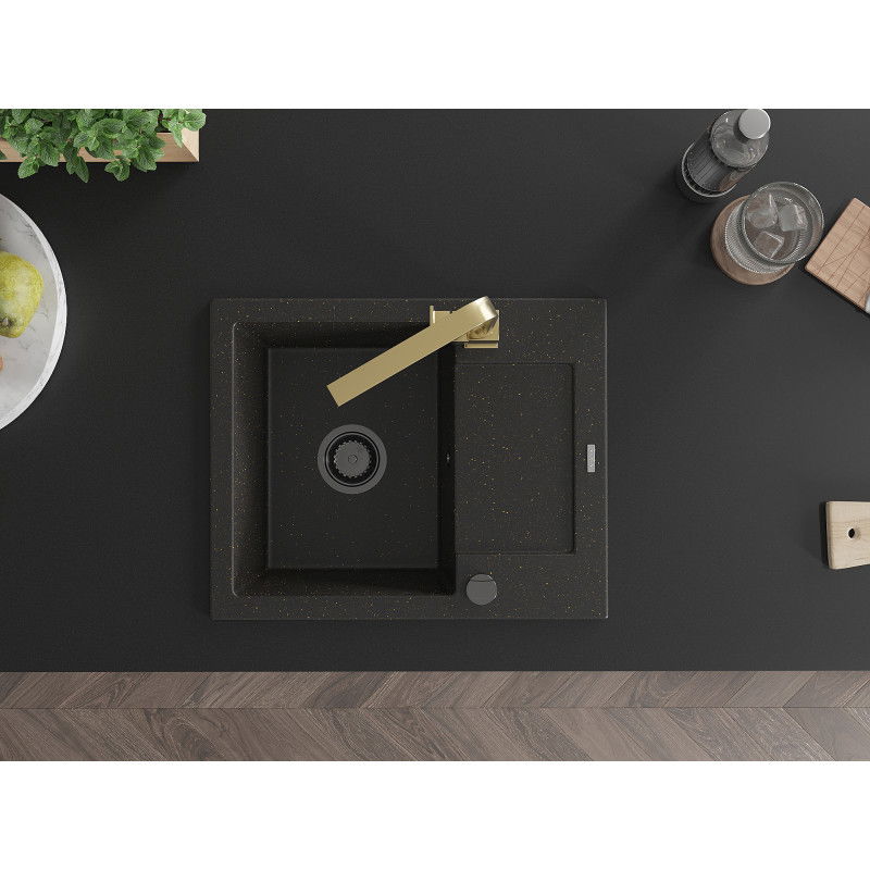 Mexen Enzo Granitspüle 1-beckig mit Abtropffläche und Küchenarmatur Rita, schwarz/gold Metallic - 6506-75-670300-50-B