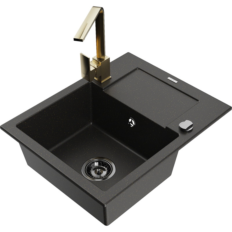 Mexen Enzo fregadero de granito de 1 seno con escurridor y grifo de cocina Rita, negro/metalizado dorado - 6506-75-670300-50-B