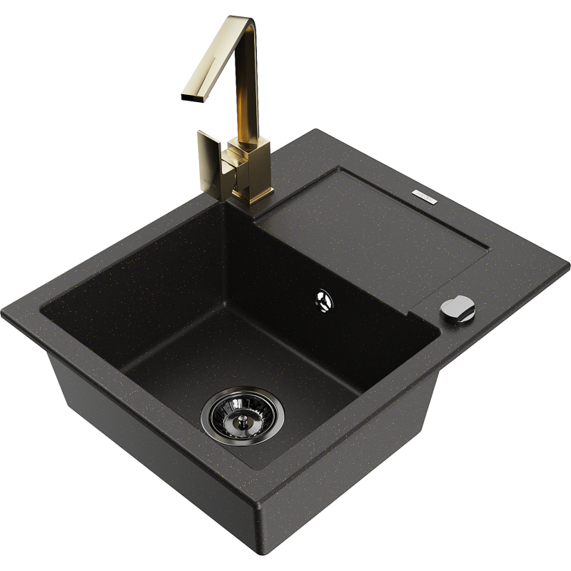 Mexen Enzo lava-louça de granito 1-cuba com escorredor e torneira de cozinha Rita, preto/dourado metalizado