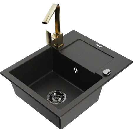 Mexen Enzo fregadero de granito de 1 cubeta con escurridor y grifo de cocina Rita, negro/dorado metálico - 6506-75-670300-50-B