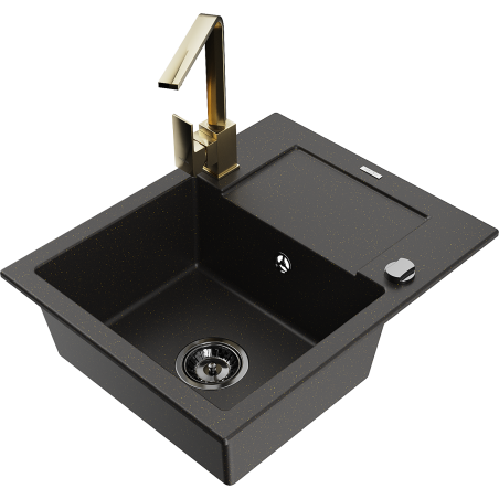 Mexen Enzo granieten spoelbak met 1 bak en afdruiprek en keukenmengkraan Rita, zwart/gouden metallic - 6506-75-670300-50-B