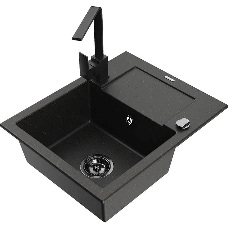 Mexen Enzo 1-bowl granite sink with drainer and Rita kitchen tap, black/gold metallic - 6506-75-670300-70-B