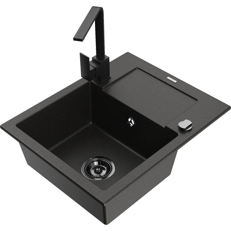 Mexen Enzo fregadero de granito de 1 cubeta con escurridor y grifo de cocina Rita, negro/metalizado dorado - 6506-75-670300-70-B