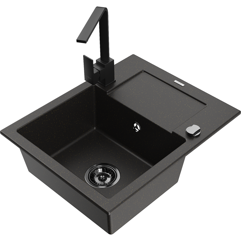 Mexen Enzo fregadero de granito de 1 seno con escurridor y grifo de cocina Rita, negro/dorado metálico - 6506-75-670300-70-B