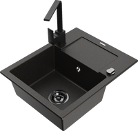 Mexen Enzo 1-bowl granite sink with drainer and Rita kitchen tap, black/gold metallic - 6506-75-670300-70-B