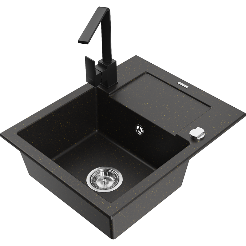 Mexen Enzo 1-bowl granite sink with drainer and Rita kitchen tap, black/gold metallic - 6506-75-670300-70