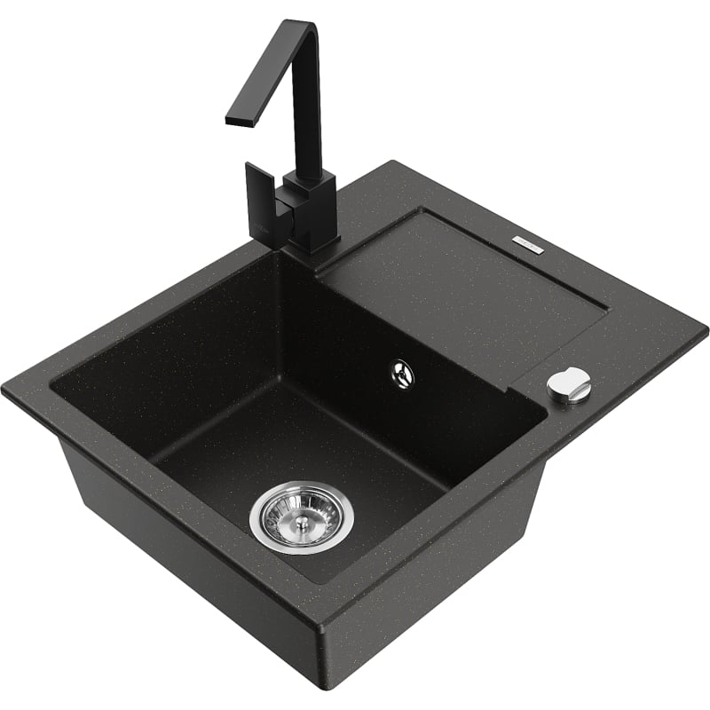 Mexen Enzo granitische spoelbak 1-kamer met afdruiprek en keukenmengkraan Rita, zwart/goud metallic - 6506-75-670300-70