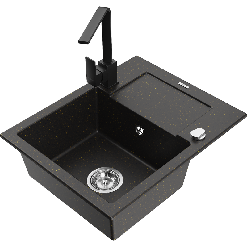 Mexen Enzo lava-louça de granito de 1 cubas com escorredor e torneira de cozinha Rita, preto/metalizado dourado