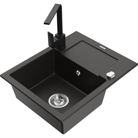 Mexen Enzo 1-bowl granite sink with drainer and Rita kitchen tap, black/gold metallic - 6506-75-670300-70