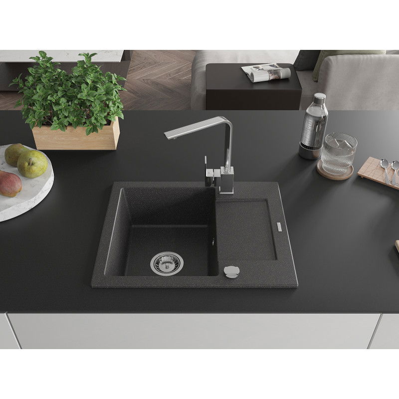 Mexen Enzo 1-bowl granite sink with drainer and Rita kitchen tap, black speckled - 6506-76-670300-00