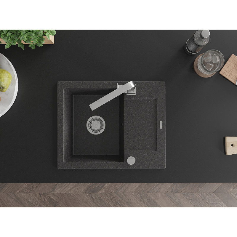 Mexen Enzo Granitspüle 1-Becken mit Abtropffläche und Küchenarmatur Rita, schwarz gesprenkelt - 6506-76-670300-00