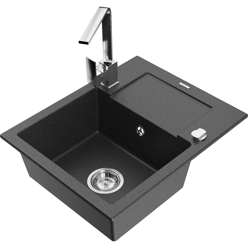 Mexen Enzo 1-bowl granite sink with drainer and Rita kitchen tap, black speckled - 6506-76-670300-00