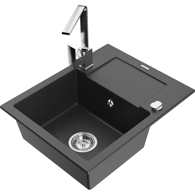 Mexen Enzo granit izlietne ar vienu nodalījumu ar noteces paneli un virtuves krānu Rita, melna ar plankumiem - 6506-76-670300-00