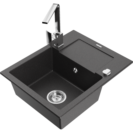 Mexen Enzo 1-bowl granite sink with drainer and Rita kitchen tap, black speckled - 6506-76-670300-00