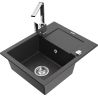 Mexen Enzo 1-bowl granite sink with drainer and Rita kitchen tap, black speckled - 6506-76-670300-00