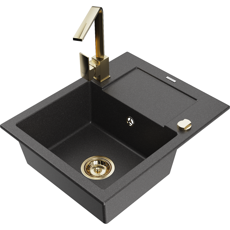 Mexen Enzo fregadero de granito de 1 cubeta con escurridor y grifo de cocina Rita, negro moteado - 6506-76-670300-50