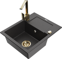 Mexen Enzo granite sink 1-bowl with drainer and Rita kitchen tap, black speckled - 6506-76-670300-50