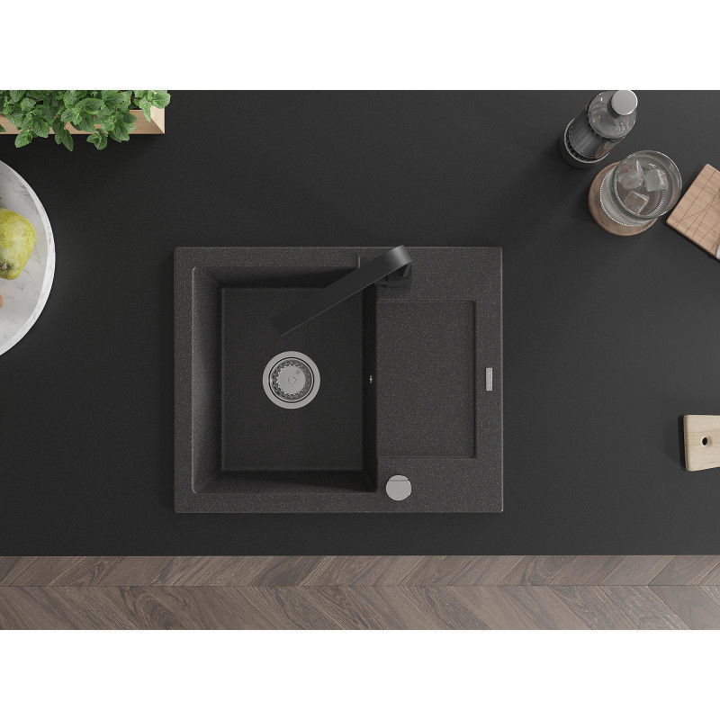 Mexen Enzo 1-Bowl Granite Kitchen Sink with Drainer and Rita Kitchen Tap, Black Speckled - 6506-76-670300-70