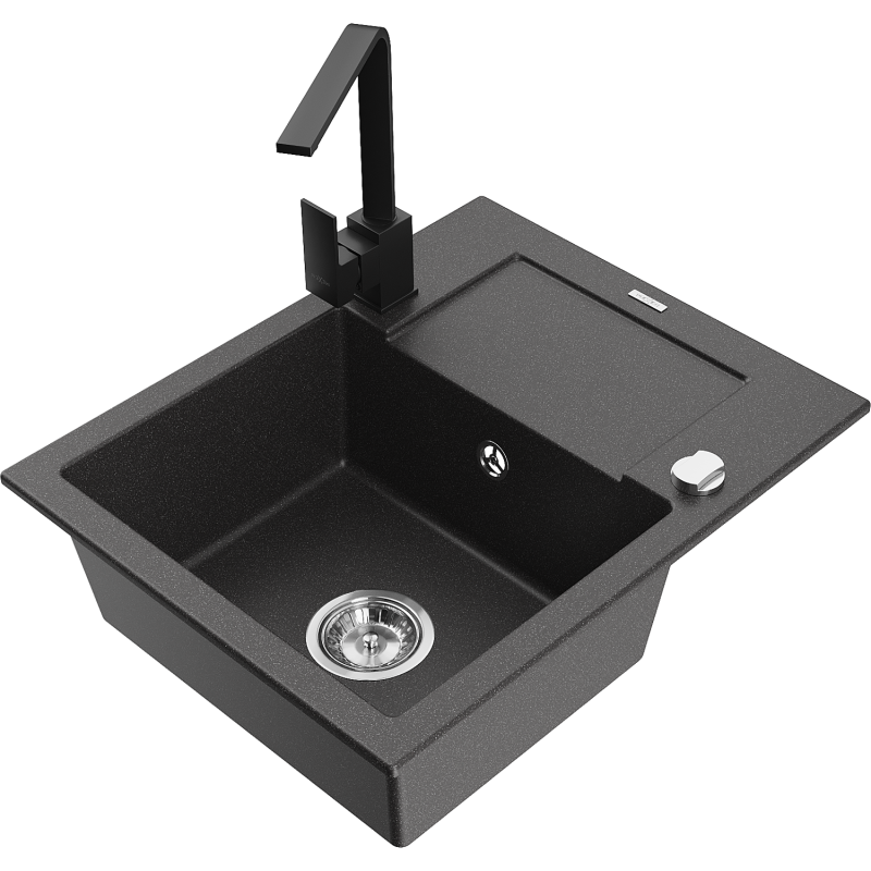 Mexen Enzo lava-louça de granito de 1 cuba com escorredor e torneira de cozinha Rita, preto salpicado - 6506-76-670300-70