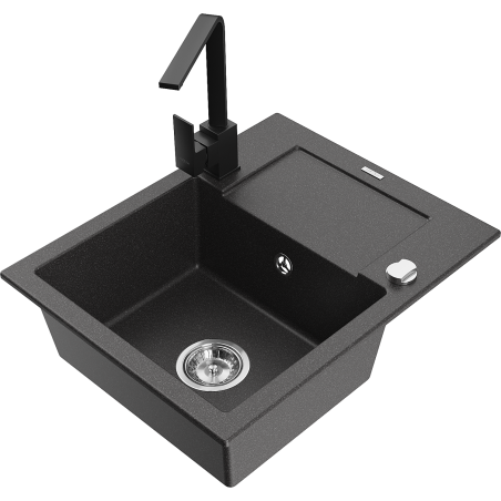 Mexen Enzo 1-Bowl Granite Kitchen Sink with Drainer and Rita Kitchen Tap, Black Speckled - 6506-76-670300-70