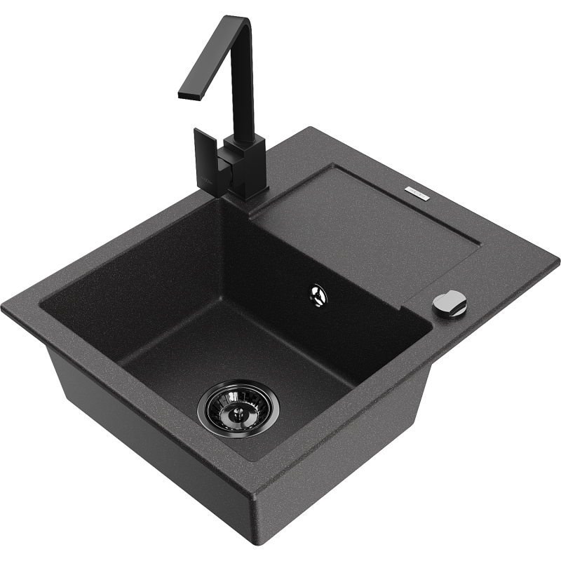 Mexen Enzo 1-bowl granite kitchen sink with drainer and Rita kitchen tap, black spotted - 6506-76-670300-70-B