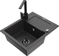 Mexen Enzo fregadero de granito de 1 cubeta con escurridor y grifo de cocina Rita, negro moteado - 6506-76-670300-70-B