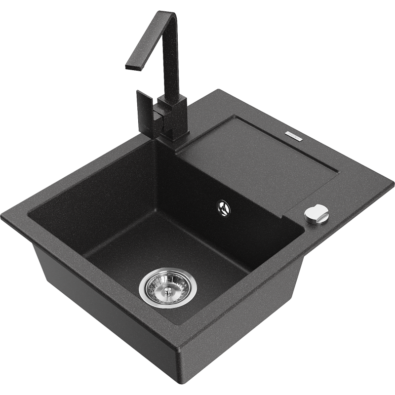 Mexen Enzo granite sink 1-bowl with drainer and Rita kitchen tap, speckled black - 6506-76-670300-76