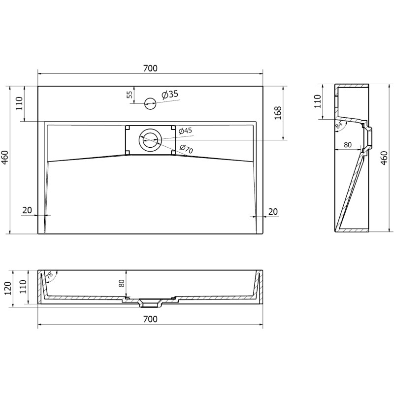 Mexen Ava opbouwwastafel van composiet 1/O 70 x 46 cm, zwart - 23017071