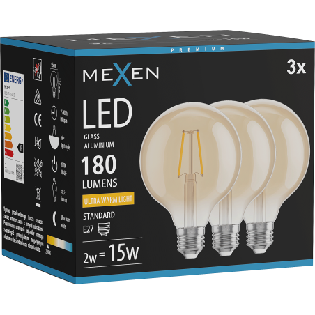 Mexen Vintis 3x LED filamenta spuldze E27, G95, 2W, Silti - 2200K, 180 lm, dzintars - L157-E27-0222-50x03