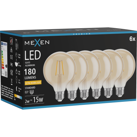 Mexen Vintis 6x Bombilla filamentaria LED E27, G95, 2W, Cálida - 2200K, 180 lm, ámbar - L157-E27-0222-50x06