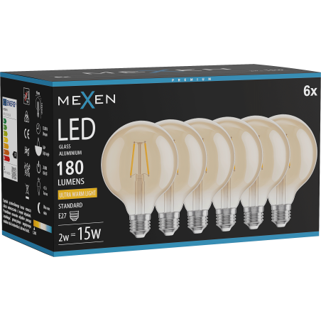 Mexen Vintis 6x filamentu LED spuldze E27, G95, 2W, Silts - 2200K, 180 lm, dzintardzeltens - L157-E27-0222-50x06