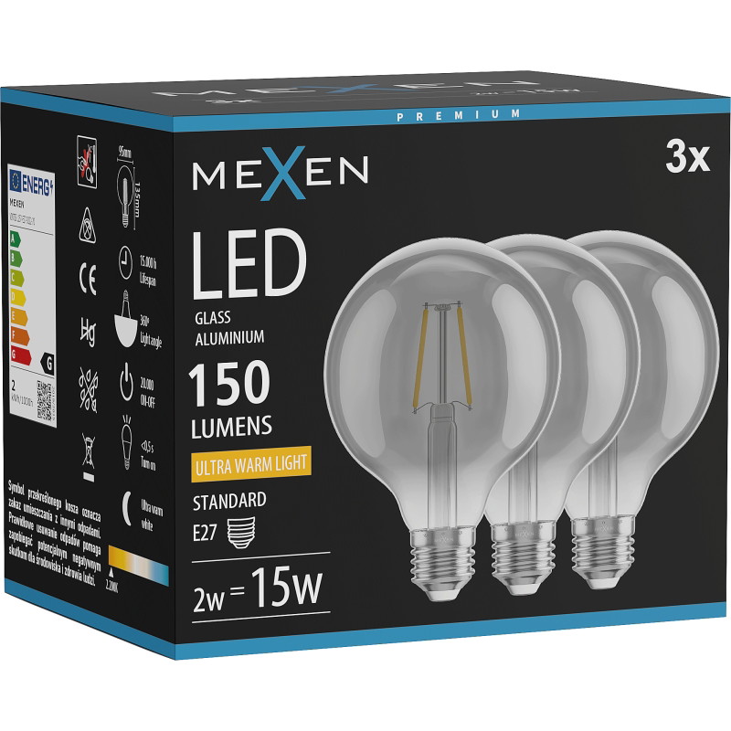 Mexen Vintis 3x LED-filamenttilamppu E27, G95, 2W, Lämmin - 2200K, 150 lm, savunharmaa - L157-E27-0222-70x03