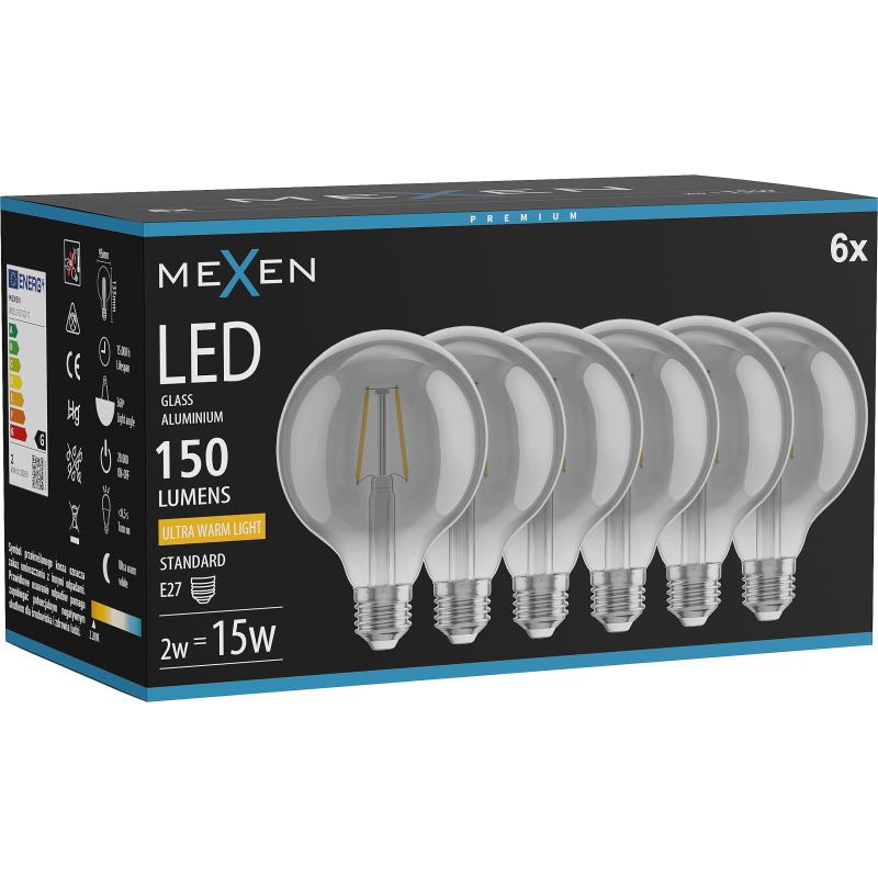 Mexen Vintis 6x Ampoule filament LED E27, G95, 2W, Chaude - 2200K, 150 lm, fumée - L157-E27-0222-70x06